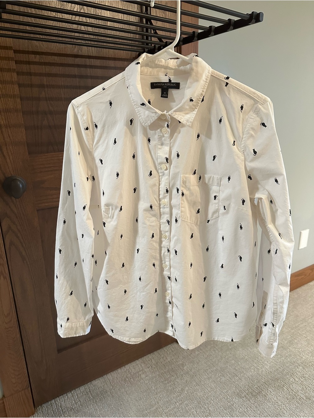 Banana Republic White Button-Down Shirt with Black Embroidered Cats